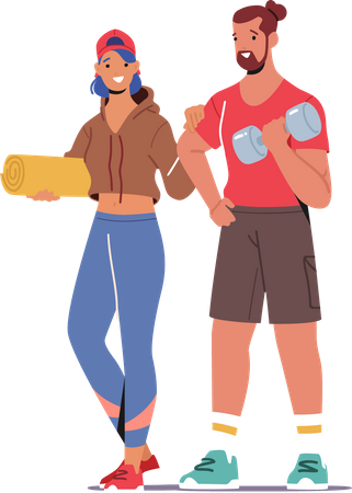 Couple Wearing Sports Clothes and Sneakers Visiting Gym Illustration