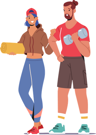 Couple Wearing Sports Clothes and Sneakers Visiting Gym  Illustration