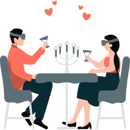 Couple wearing VR glasses and having glass of wine date  Illustration
