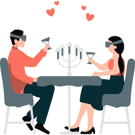 Couple wearing VR glasses and having glass of wine date  Illustration
