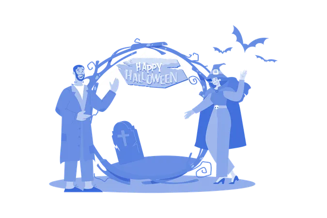 Couple welcoming to Halloween party  Illustration