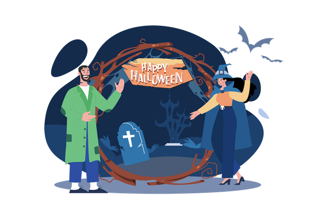 Couple welcoming to Halloween party Illustration