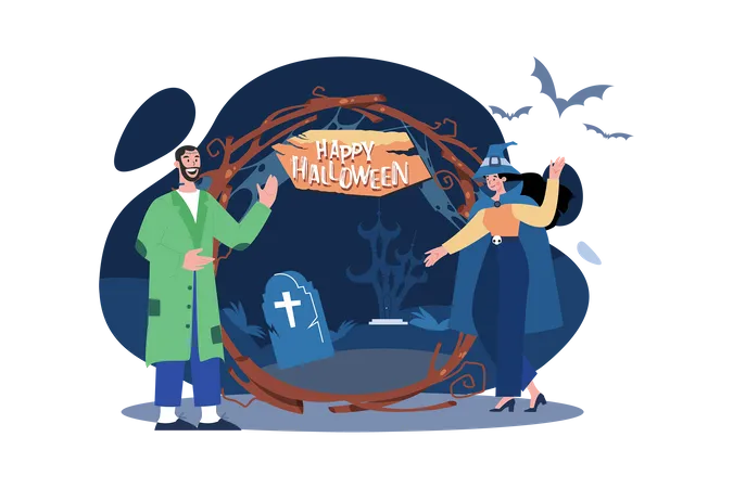 Couple welcoming to Halloween party Illustration