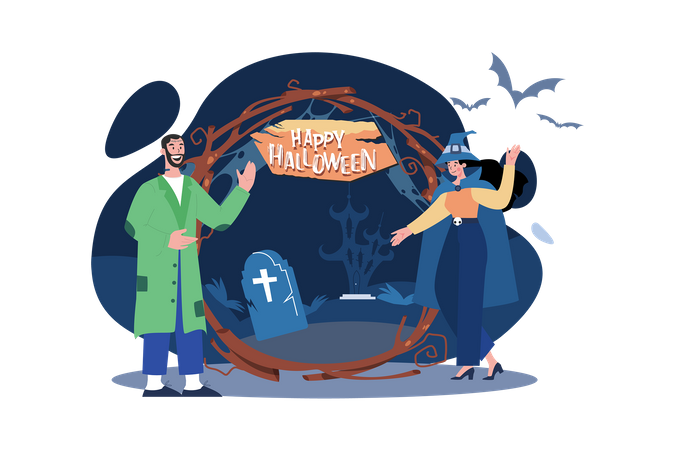 Couple welcoming to Halloween party  Illustration