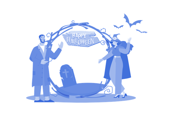 Couple welcoming to Halloween party  Illustration