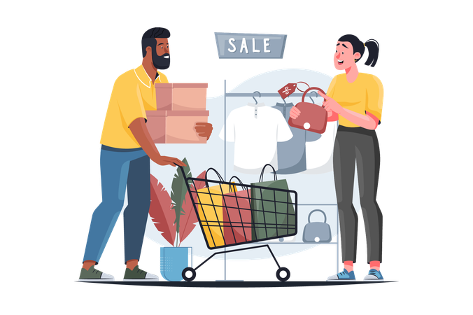 Couple went shopping to buy many things with discounts  Illustration