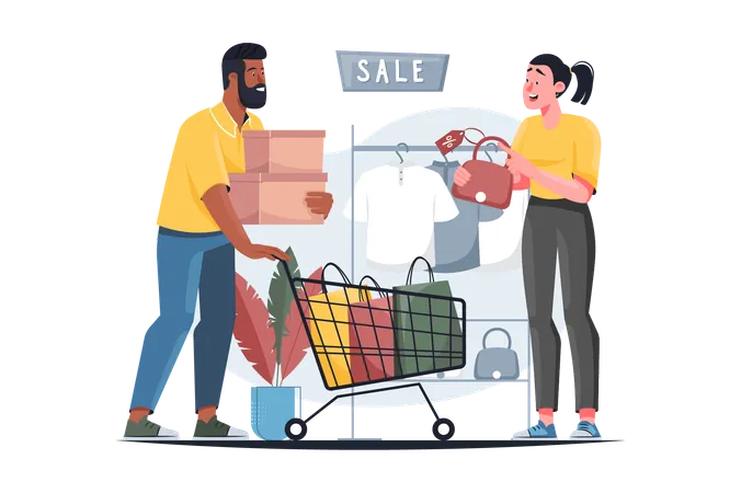 Big Sale Shopping Yellow Concept With People Scene In The Flat Cartoon Design The Illustration