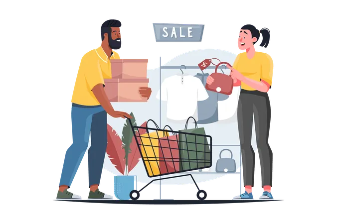 Couple went shopping to buy many things with discounts  Illustration