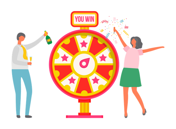 Couple winning on spinning wheel  イラスト