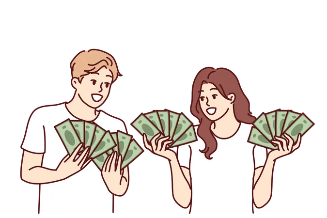 Man And Woman With Lot Of Cash In Hands Brag About Money They Earned From Business Or Winning Jackpot In Lottery Couple Rich Guys Girls With Money Want To Invest Savings Or Invest In Startup Illustration