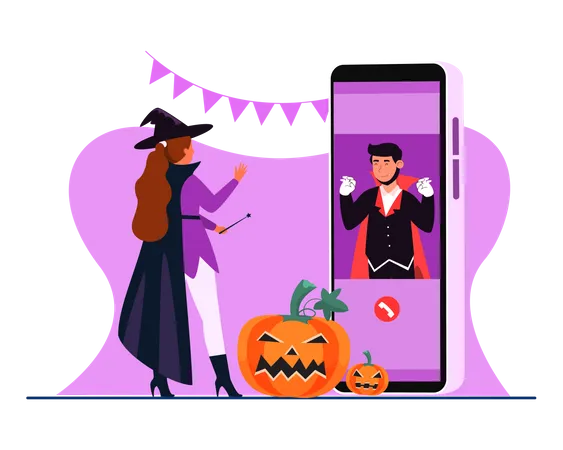 Couple wishing Halloween via video call through smartphone  イラスト