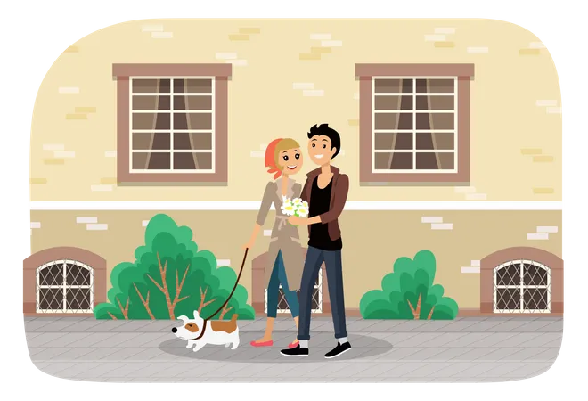Couple with a dog walking together  Illustration
