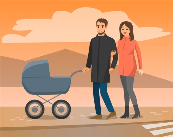 Couple with baby pushcart  Illustration