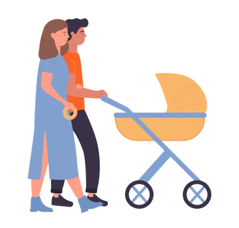 Couple with baby stroller  Illustration