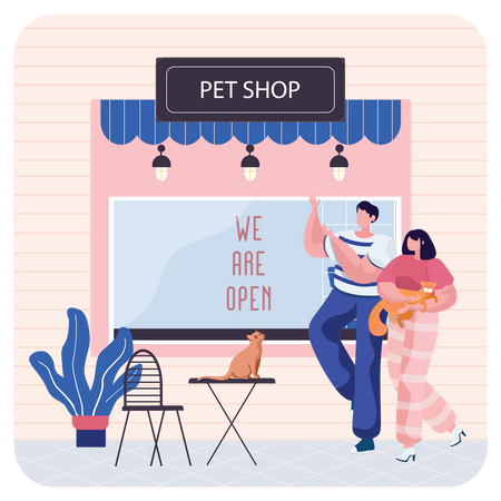 Couple with cat walking out from pet store Illustration