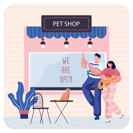 Couple with cat walking out from pet store  Illustration