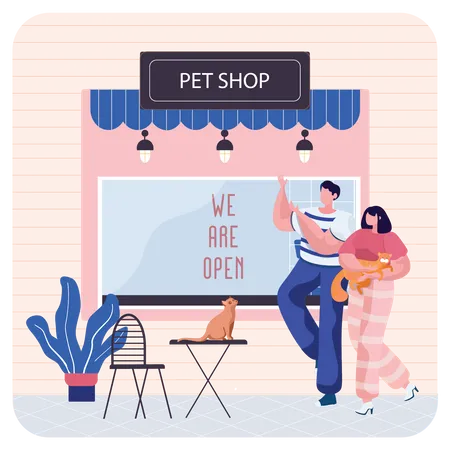 Couple with cat walking out from pet store  Illustration