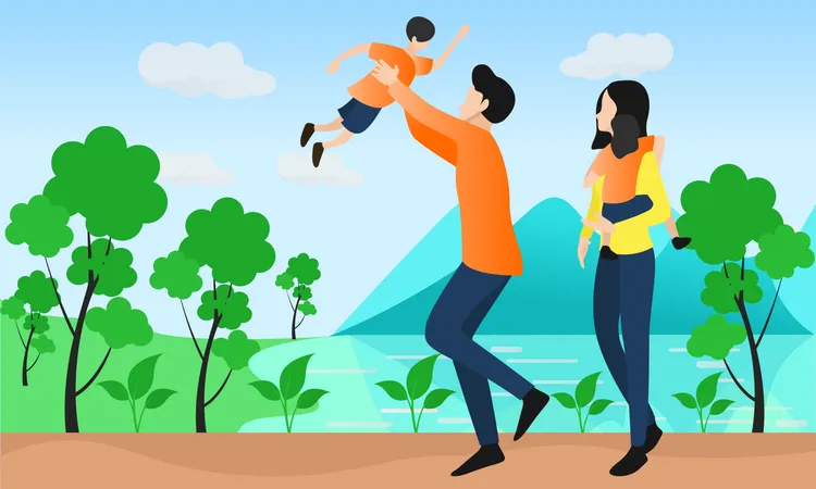 Flat Style Illustration Of Father And Mother Holding Their Children Looking Happy Illustration