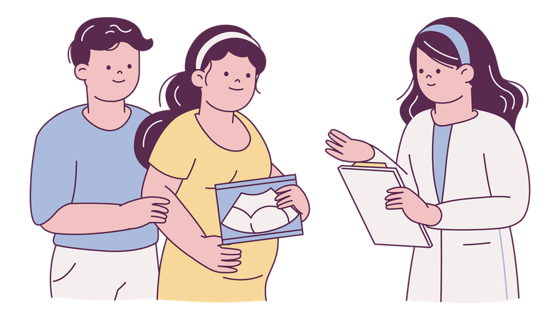 Couple with Doctor During Pregnancy Consultation  Illustration
