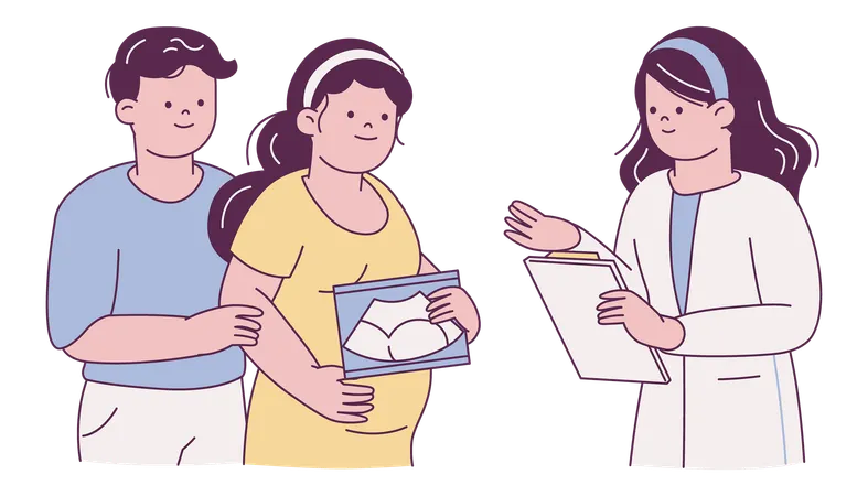 Couple with Doctor During Pregnancy Consultation  Illustration