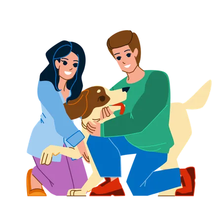 Couple With Dog Vector Happy Man Woman Pet Young Home Love Apartment Animal Hug Couple With Dog Character People Flat Cartoon Illustration Illustration
