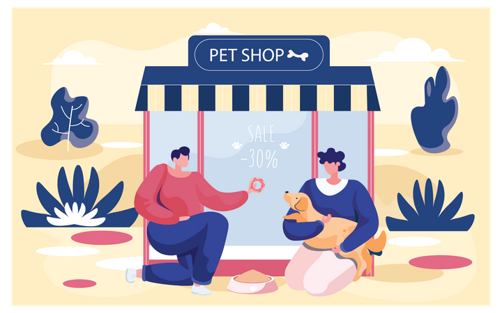Couple with dog at pet shop Illustration