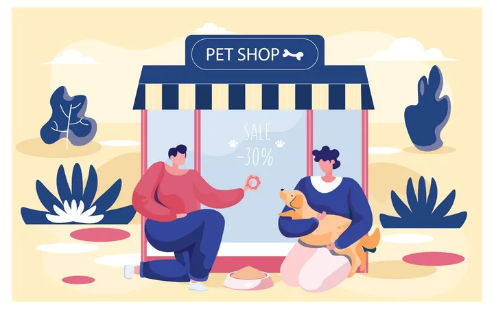 Couple with dog at pet shop  Illustration