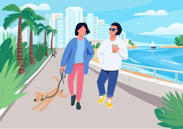 Couple With Dog Walking Along Seafront Flat Color Vector Illustration Summer Recreation In Tropical Resort Town Boyfriend And Girlfriend 2 D Cartoon Characters With Waterfront On Background Illustration