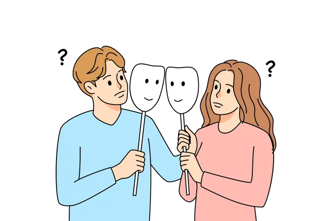 Couple with false faces with each other  Illustration