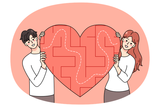 Couple with heart labyrinth finding love  Illustration