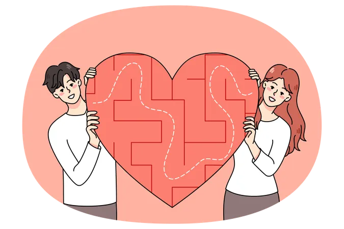 Couple with heart labyrinth finding love  Illustration