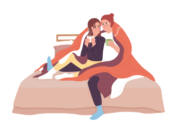 Couple with hot drinks cuddling under blanket Illustration