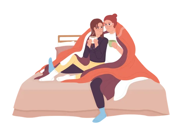 Couple with hot drinks cuddling under blanket Illustration