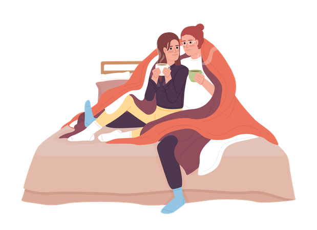 Couple with hot drinks cuddling under blanket  Illustration