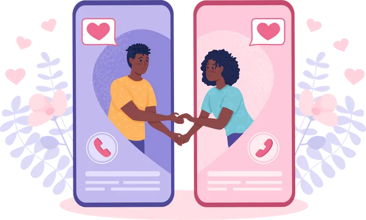 Couple with long distance relationship connected over smartphone  Illustration