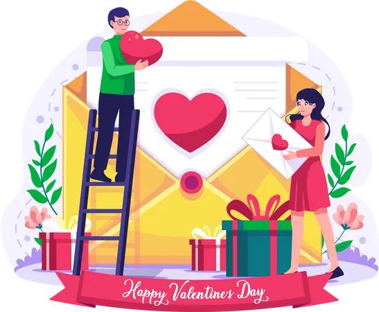 A Couple Man And Woman Are Sending Letter With Heart Declaration Of Love Valentines Day Concept Illustration Illustration