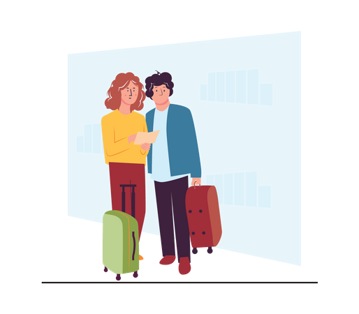 Couple with luggage and looking ticket Illustration
