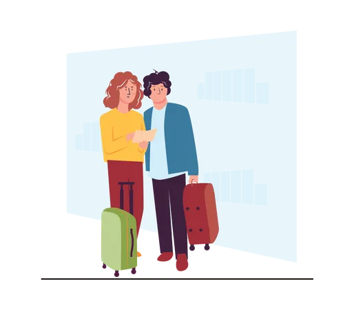 Couple with luggage and looking ticket  Illustration