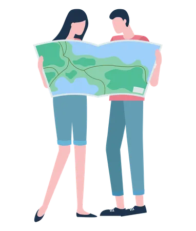 Travelers Or Hikers Couple With Map Vacation Or Holidays Vector Man And Woman Exploring Land Or Territory Geography And Cartography Journey Or Trip Illustration