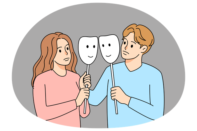 Couple with masks in fake relationships  Illustration