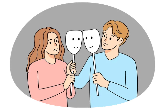 Couple with masks in fake relationships  Illustration