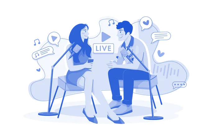 Couple With Microphone Works With A Live Recording Illustration