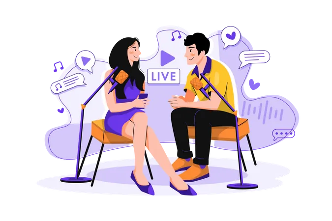 Couple with microphone works with a live recording  Illustration