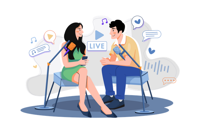 Couple With Microphone Works With A Live Recording  Illustration