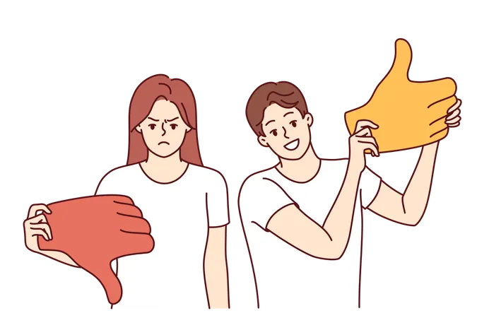 Couple With Opposing Opinions Give Different Ratings To Product Or Service And Demonstrate Thumbs Up And Thumbs Down Opposing Mood Of Man With Wide Smile And Sad Woman Who Became Users Of Website Illustration