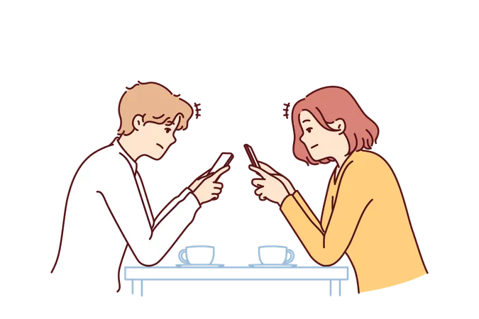 Couple with phones sits in cafe  Illustration