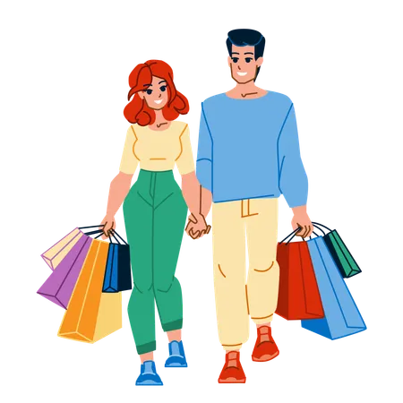 Couple Shopping Vector Man Woman City Love Happy Bag Retail Buying Couple Shopping Character People Flat Cartoon Illustration Illustration