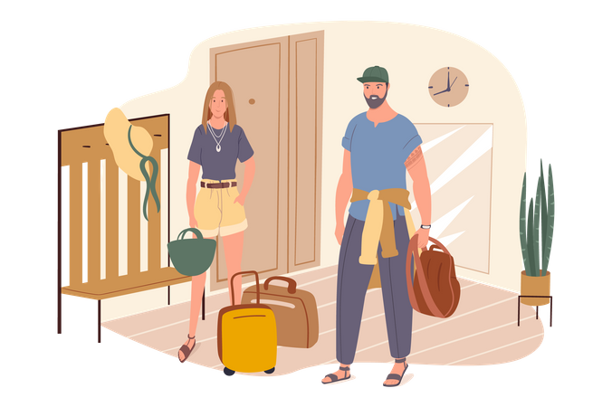 Couple with suitcases stand in hallway and going on vacation  Illustration