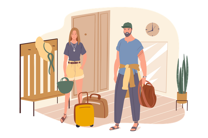 Couple with suitcases stand in hallway and going on vacation  Illustration