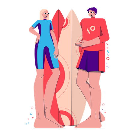 Couple with surfboard Illustration